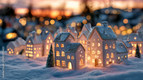 Fototapeta Naklejka Na Ścianę i Meble -  Cozy ceramic village, winter snow, warm lights, festive holiday glow