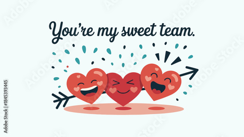 Vector scene of three smiling hearts with cute faces and rosy cheeks on pastel background with confetti, love and valentine's day concept