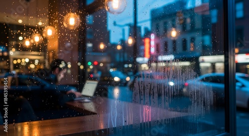 Digital nomad working in coffee shop seen through cafe window, natural reflections and condensation blur obscuring laptop screen, street scene reflection overlay, atmospheric urban workspace