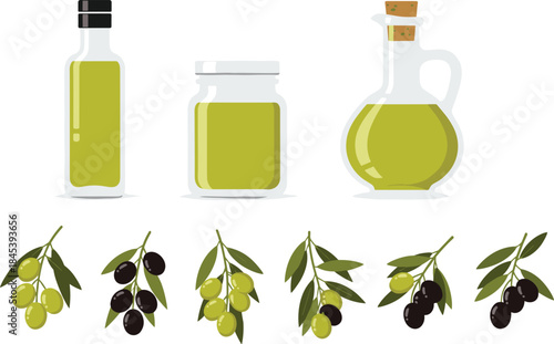Collection of olive oil containers and olive branches with green and black olives, ideal for culinary, agricultural, and health-themed visuals.