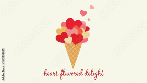A simple clean vector illustration of an ice cream cone filled with colorful hearts creating a delightful sweet treat