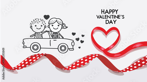 Happy valentine's day lovers on a romantic road trip in a car with red ribbon and heart decorations