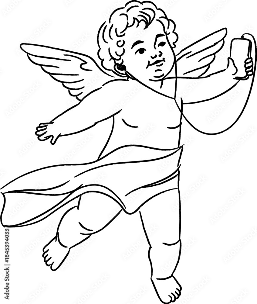 Fototapeta premium Cupid Taking Selfie Line Art