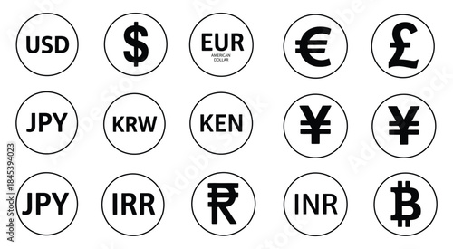 world currency symbols set in black and white outline vector art, featuring dollar, euro, pound, yen, ruble, and other international currency icons for financial graphics, banking apps, and economic 