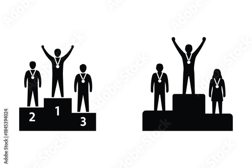 winners podium with medals icons black silhouette vector set
