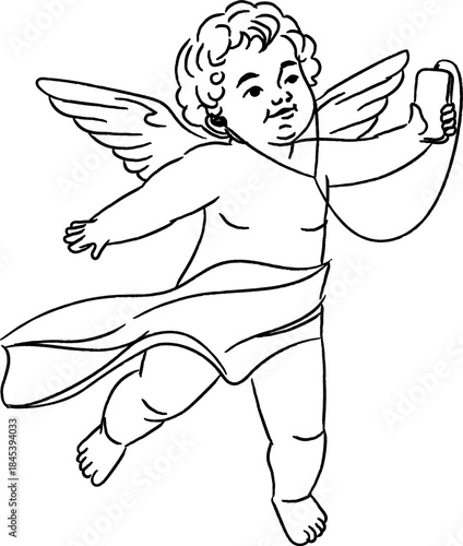 Cupid Taking Selfie Line Art