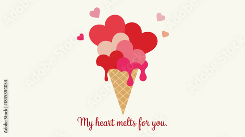 A colorful illustration of a waffle cone overflowing with melting heart shaped ice cream in various shades of pink and red on a pure white