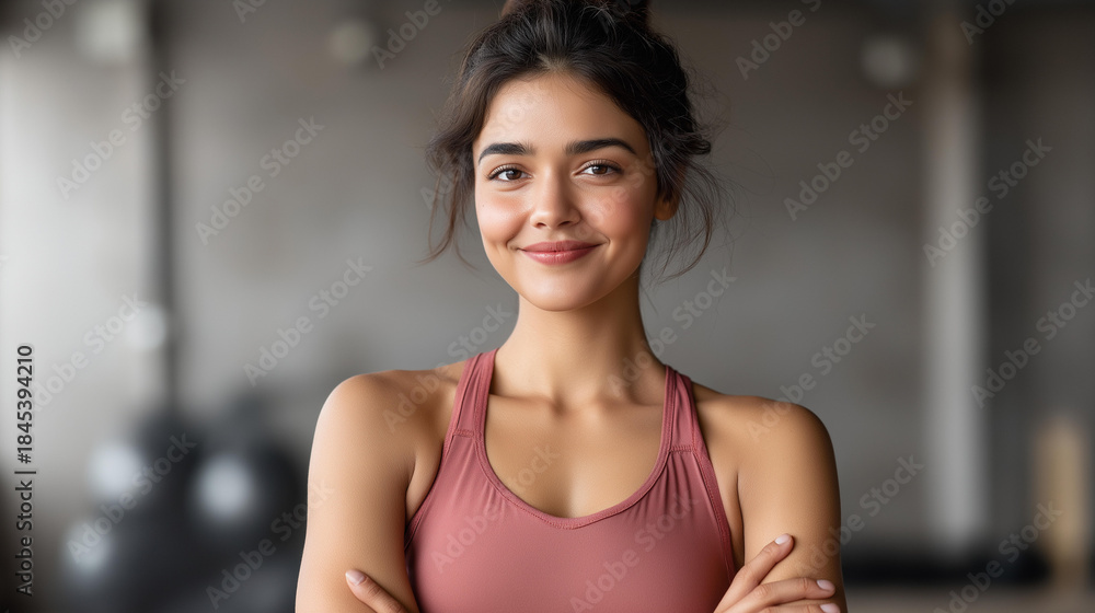 Fototapeta premium Faceless portrait of happy young woman of Indian ethnicity standing in modern gym, ethnic diversity in fitness, multicultural athletic environment, defocused person, with copy spac