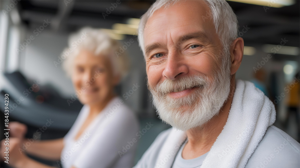 Fototapeta premium Faceless senior woman man exercise gym fitness couple sport healthy elderly health training active happy treadmill old fit mature female adult workout body vitality, defocused olde