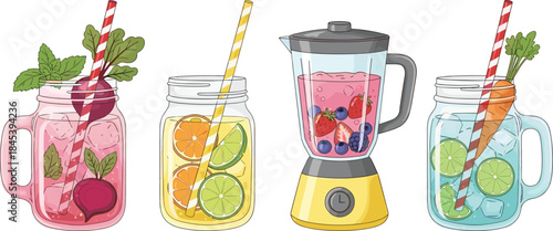 Colorful mason jars and blender with fruit and vegetable smoothies, infused drinks, healthy ingredients, and striped straws