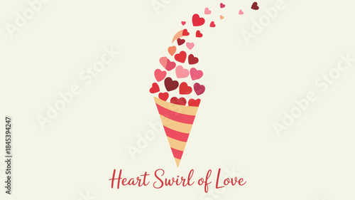 A minimalist white background image of an ice cream cone with red hearts swirling out of it