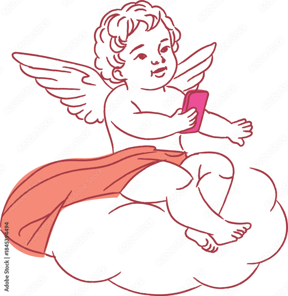 Fototapeta premium Cherub Texting On Cloud Line Art