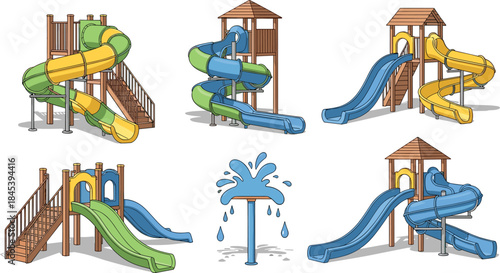 Colorful playground slide structures with wooden towers and water features for kids outdoor fun, recreation, and park design inspiration.