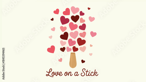 A clean vector illustration of a wooden stick with a cluster of pink, red, and brown hearts floating around it on a cream background
