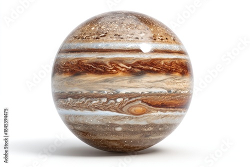 The planet Jupiter, a massive gas giant with distinct cloud bands, is shown against a white background.