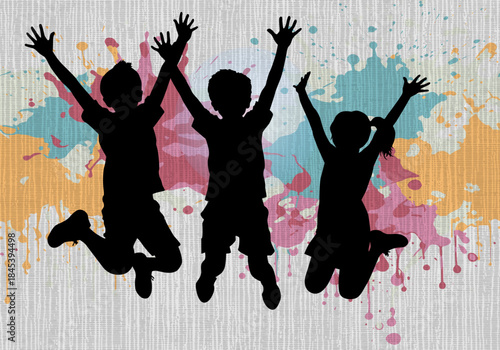 Joyful jumping kids silhouettes with raised hands on a colorful paint splatter background, playful three children celebrating together
