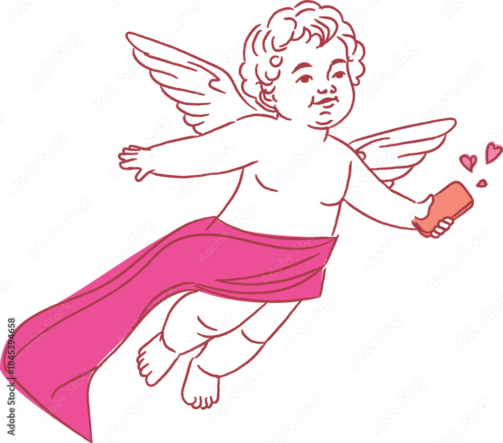 Fototapeta premium Cupid Texting Smartphone Line Art