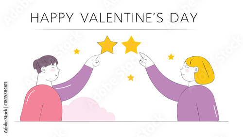 Happy valentine's day lovers pointing at stars with love and affection in a romantic illustration