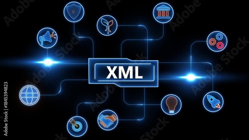 XML concept with connected icons and glowing blue lights on black background extensible markup language