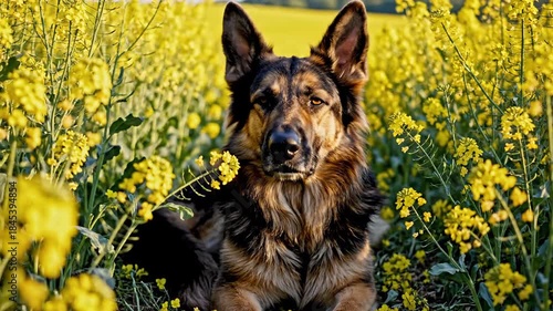 German Shepherd Dog Enjoying a Sunny Day in a Field of Yellow Flowers.
