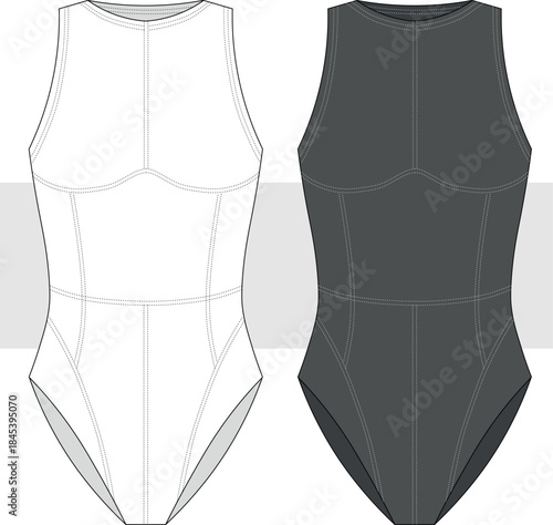 Women's Sleeveless Bodysuit, Swimsuit Technical Fashion drawing, illustration. Stylish Swimsuit vector. CAD, Mockup.