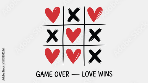 Tic tac toe game board with hearts and x's on white background with love wins message