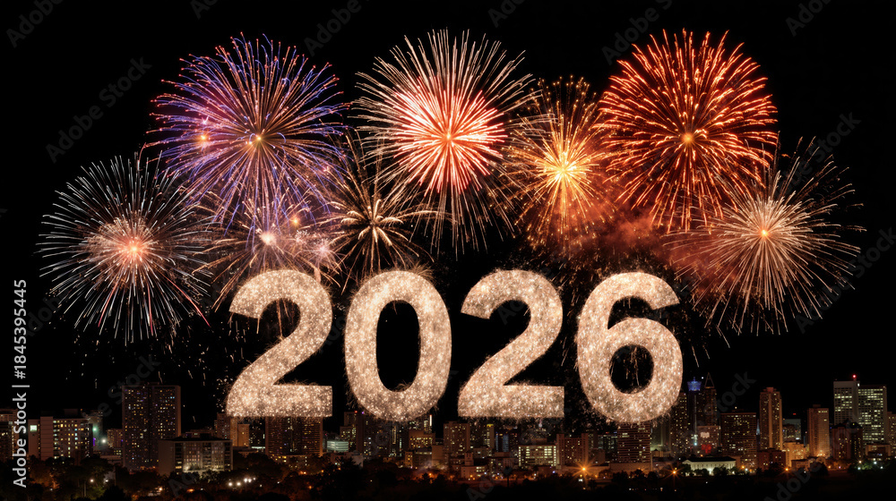 Naklejka premium Spectacular 2026 fireworks celebration lighting up city night skyline with vibrant colors, concept of new york