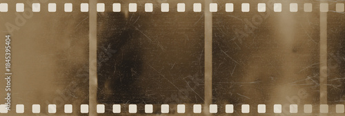 Horizontal strip of vintage 35mm film stock with sprocket holes, sepia brown frames and distressed scratches, faded analog texture background, retro cinema reel banner with empty copy space