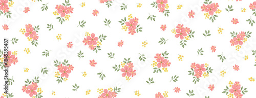 Floral liberty pattern with small colorful flowers field on a white background. Repeating ditsy doodle flower meadow background. Vector design for paper, cover, fabric, interior decor and other