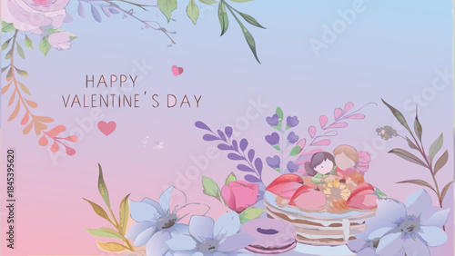 Lovers share sweet pastries in a colorful cafe on a happy valentine's day morning with flowers