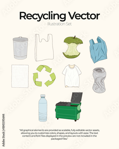 A hand-drawn flat vector illustration set featuring recycling and waste management elements. Fully editable and suitable for environmental and sustainability projects.