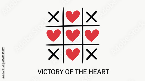 Tic tac toe game board with hearts and x's on white background showing victory of heart