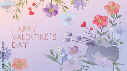 Lovers stirring a pot side by side on happy valentines day with flowers