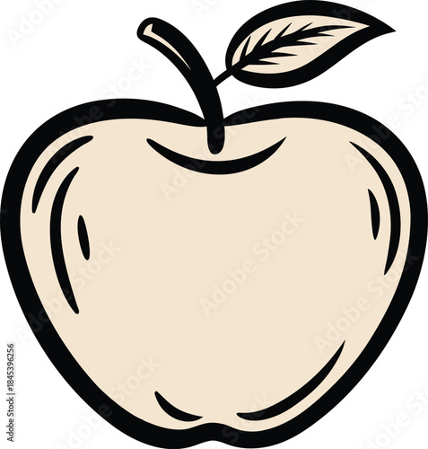 Simple black and white outline drawing of an apple with stem and leaf