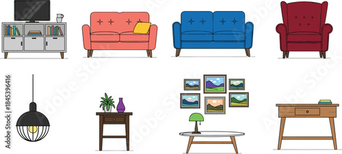 Stylized furniture and home decor set featuring sofas, tables, lamps, and wall art for interior design and lifestyle visuals.