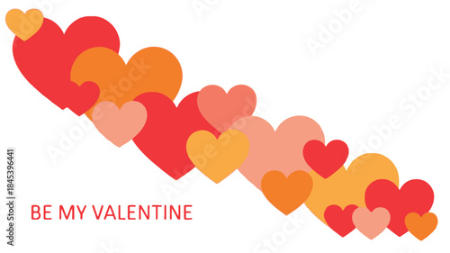 Diagonal cascade of overlapping hearts in shades of red, orange, and pink on white background for valentine's day