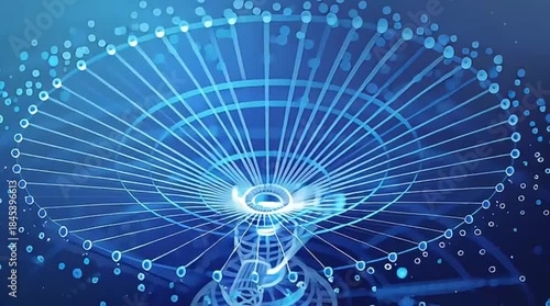 A vibrant blue abstract digital network infrastructure visualizes complex data flow and global connectivity, perfect for technology and science-themed designs.