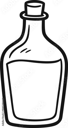 Black and white outline drawing of a glass bottle with cork stopper
