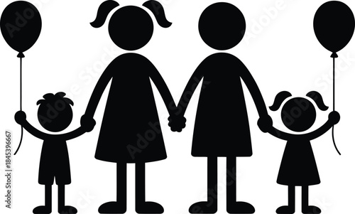 Black silhouette of a two-mother family holding hands with their two children and balloons
