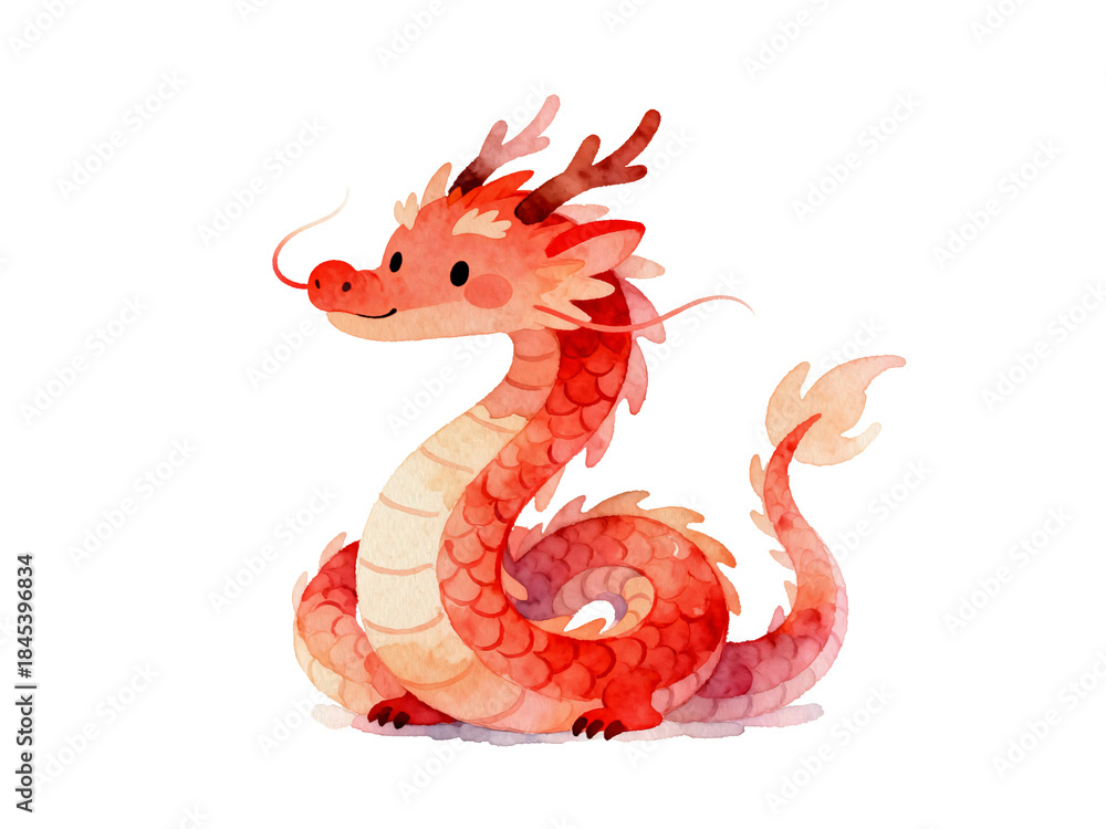 Fototapeta premium Mystical Dragon Illustration: A whimsical illustration of a friendly red dragon, with intricate scales and adorable features, bringing a sense of fantasy and wonder.