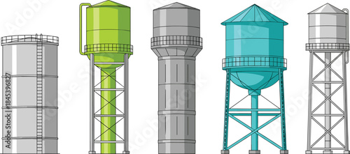 Vector illustration of five different water storage tanks with varied structural designs, engineering styles, and support systems