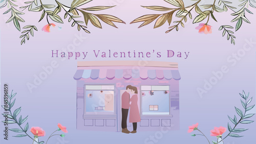 Couple embracing outside minimal coffee shop on valentine's day with flowers and happy valentine's day text