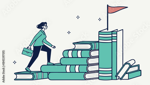 Woman climbing stack of books toward goal flag, education and career growth concept, flat vector illustration
