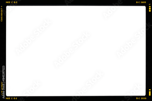 Clean minimalist 35mm film border frame with black edge and small yellow film markings, large blank white center copy space, analog photo scan style template for poster, mockup, banner, slideshow