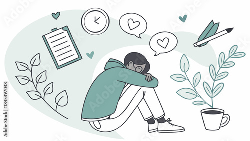 Sad Person Sitting Alone – Mental Health, Anxiety and Self Care Illustration  

