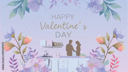 A loving couple's tender moment in a kitchen on valentine's day with floral decor