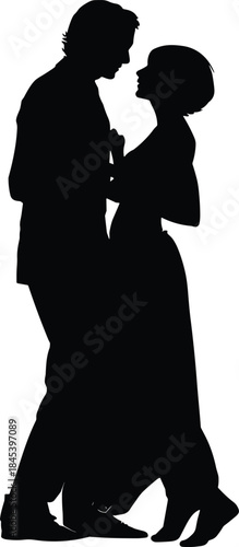 Couple dancing closely with elegant long dress silhouette on transparent background