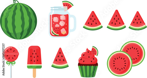 Watermelon-themed food and drink icons including juice, popsicle, cupcake, and slices for summer, culinary, and design use.