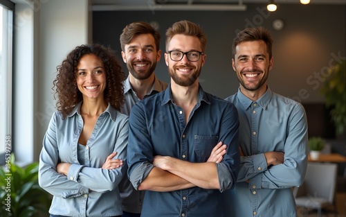 Smiling colleagues standing with their arms crossed. High quality