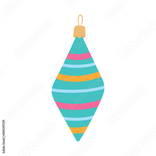 Christmas ornament vector illustration. Bright colorful striped rhombus shaped bauble for xmas tree isolated on white background. Retro holiday decor element for merry winter design, print, cards